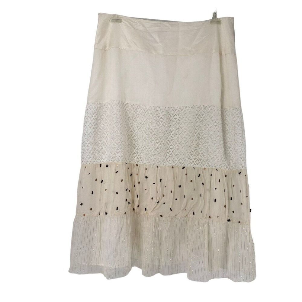 Spenser Jeremy Silk Skirt Size 14 White Bohemian Tiered Beaded Crochet Beach